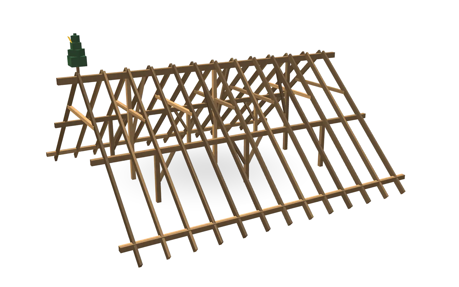 3D-Ansicht eines fertig aufgerichteten Pfettendachstuhls mit Richtbaum auf dem First
